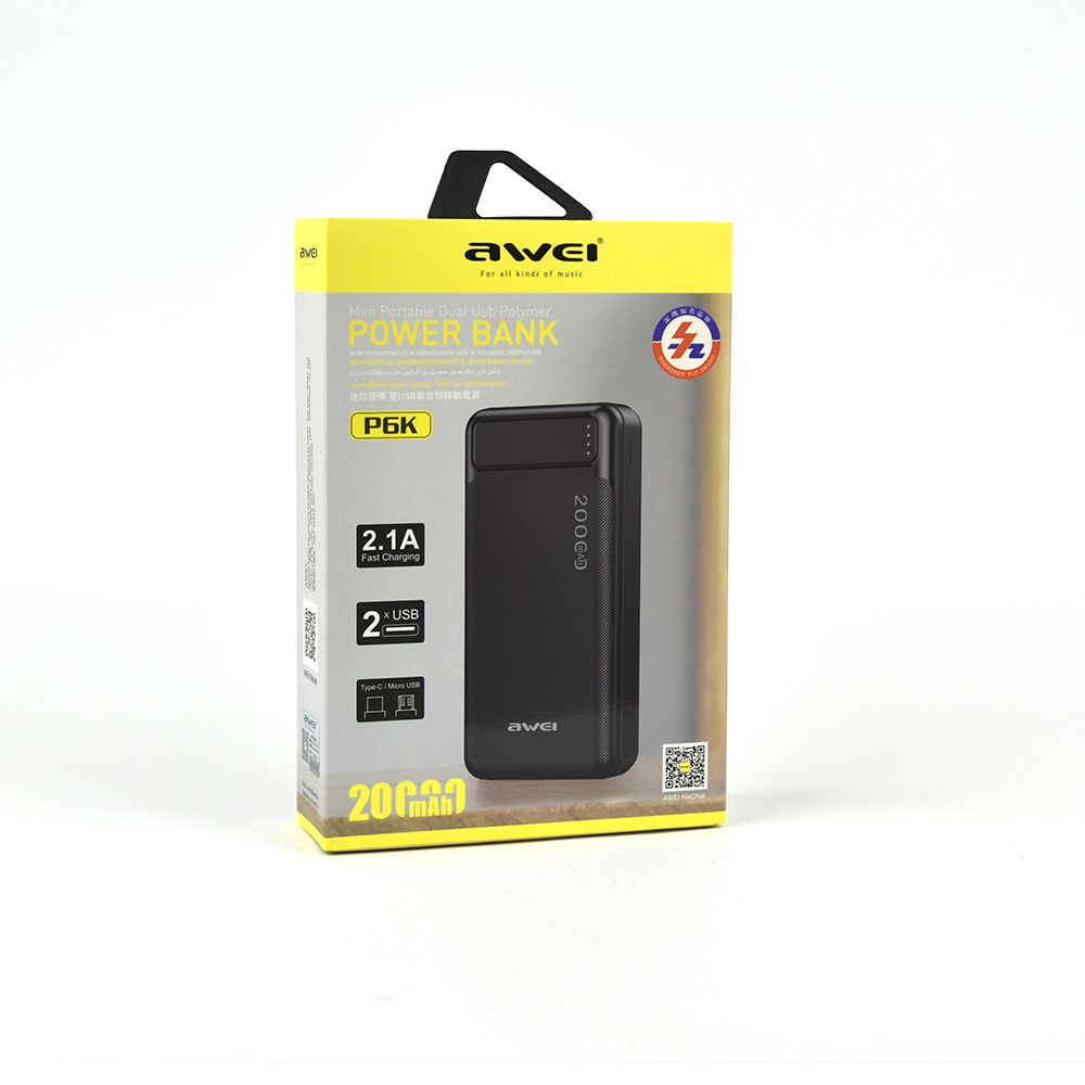 Awei P6K 20000mAh Fast Charging Dual USB Port Powerbank Micro USB and Type C Input Power Bank Black